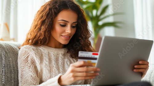 Happy hispanic young woman consumer holding credit card and laptop buying online at home. Female shopper customer shopping on ecommerce website market place making digital payment using bonus money.