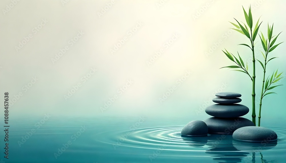 Obraz premium Zen, wallpaper, design, nature, flowing, water, patterns, stones, bamboo, leaves, gradients, textures, organic, calm, tranquil, peaceful, minimalist, harmony, soft, natural, connection, serene,