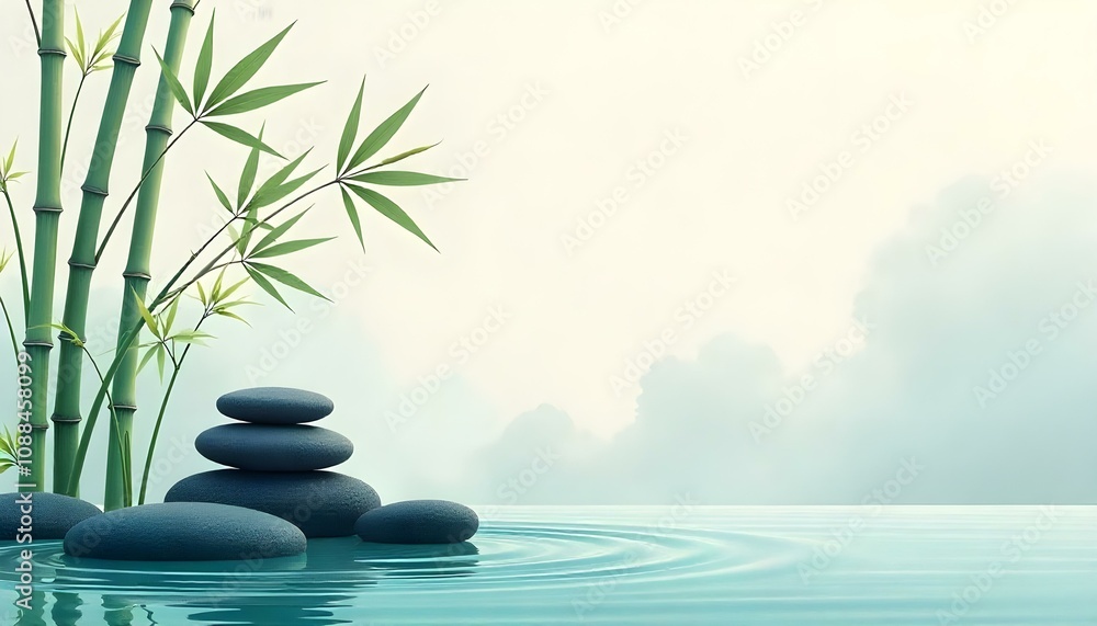 Obraz premium Zen, wallpaper, design, nature, flowing, water, patterns, stones, bamboo, leaves, gradients, textures, organic, calm, tranquil, peaceful, minimalist, harmony, soft, natural, connection, serene,