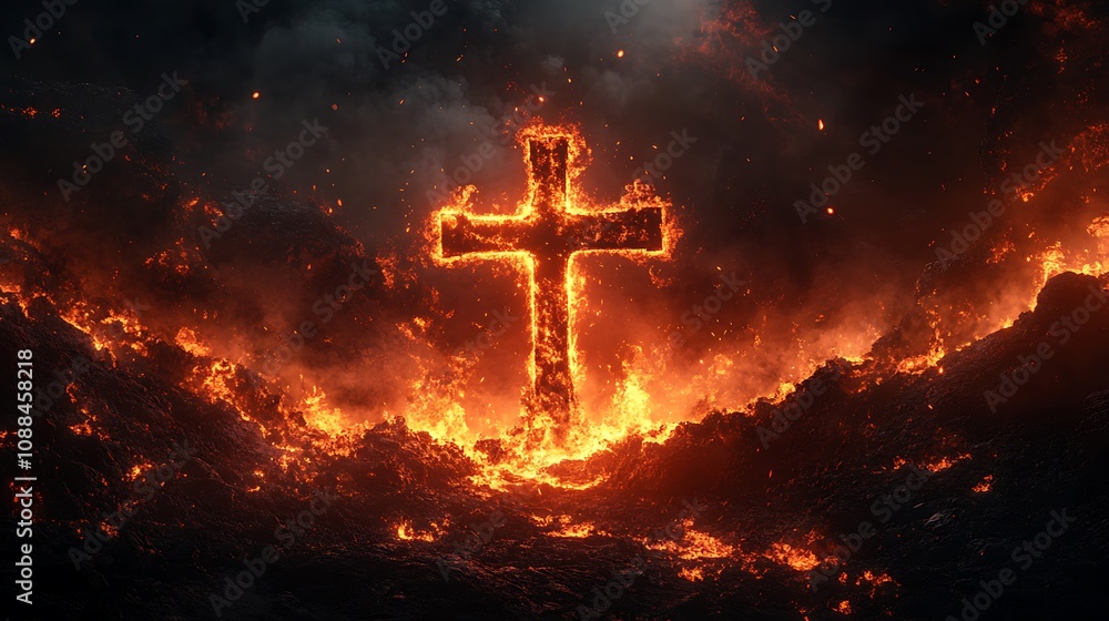 Christian cross intertwined with a volcanic landscape, glowing lava casting an eerie light on the cross, smoke and ash filling the air, fiery and intense, Christian cross intertwined with a volcanic landscape, glowing lava casting an eerie light on the cross, smoke and ash filling the air, fiery and intense,