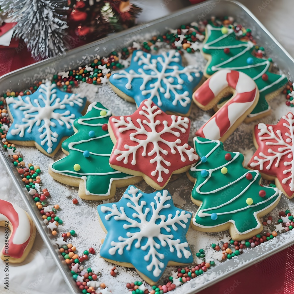 Decorated Christmas cookies on a plate, Professional food photography of frosted sugar cookies adorned with colorful Decorated Christmas cookies on a plate, Professional food photography of frosted sugar cookies adorned with colorful