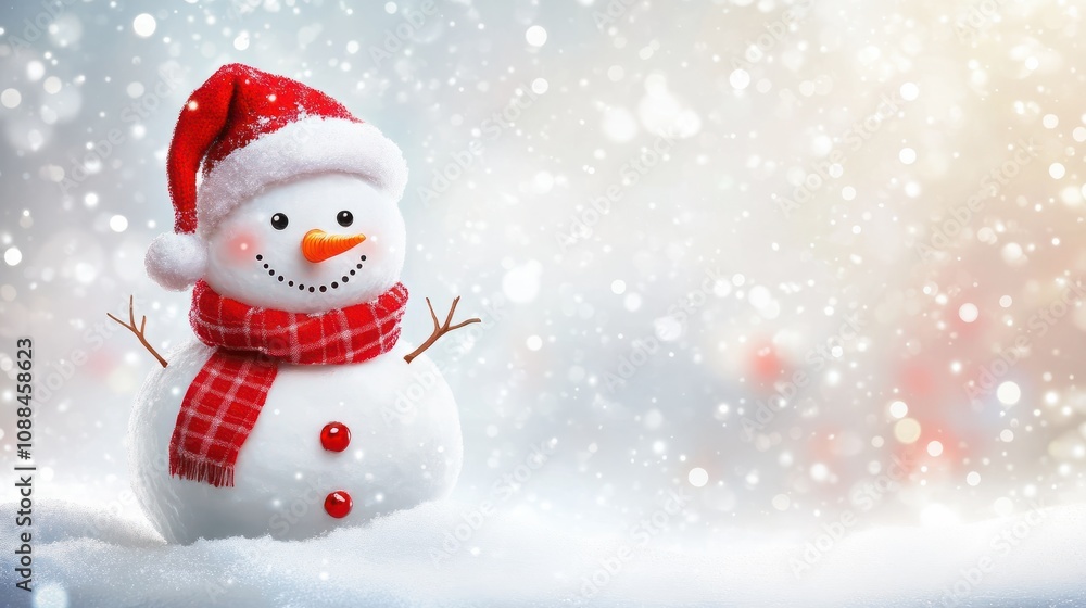 Happy snowman standing isolated on white background. Merry christmas and happy new year greeting card. Funny snowman in hat on snowy background. Copy space for text Happy snowman standing isolated on white background. Merry christmas and happy new year greeting card. Funny snowman in hat on snowy background. Copy space for text