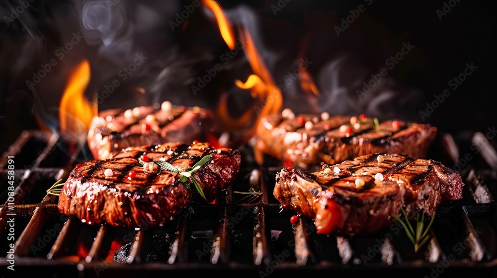 Steaks sizzling over a burning grill, standing out on a dark background. Grilling and cooking time! Steaks sizzling over a burning grill, standing out on a dark background. Grilling and cooking time!