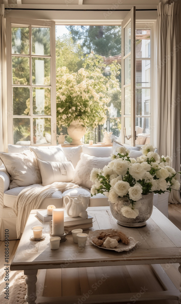 Sunlit Living Room White Flowers Cozy Sofa French Country Decor Sunlit Living Room White Flowers Cozy Sofa French Country Decor