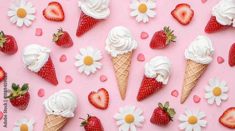 Colorful Ice Cream Cones Surrounded by Fresh Strawberries and Daisies on a Pink Background Perfect for Summer Celebrations and Desserts Colorful Ice Cream Cones Surrounded by Fresh Strawberries and Daisies on a Pink Background Perfect for Summer Celebrations and Desserts