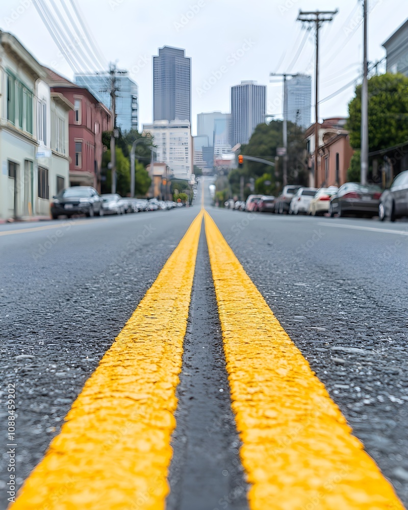 Urban street perspective with skyline in the background Urban street perspective with skyline in the background