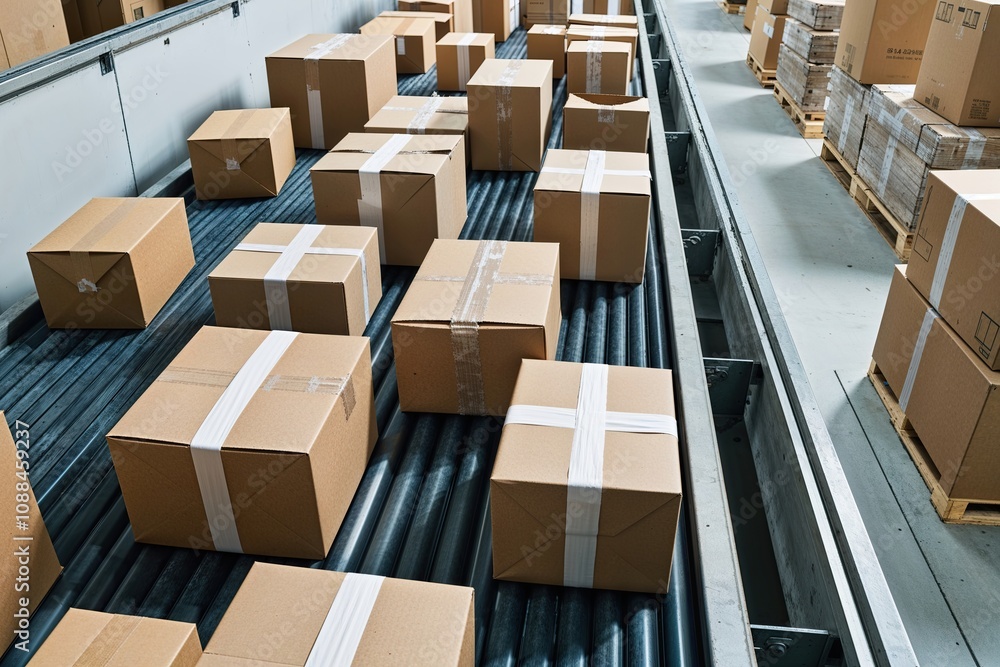 Close-Up View of Diverse Cardboard Boxes on Conveyor Belt at Distribution Center Close-Up View of Diverse Cardboard Boxes on Conveyor Belt at Distribution Center