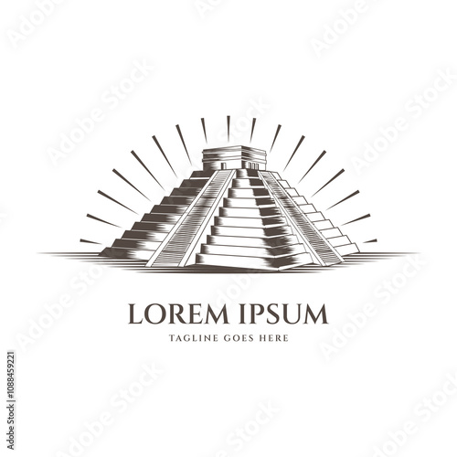 Vintage Retro Famous Ancient Mexican or Peru Inca Chicen Itza Aztec Mayan Pyramid Illustration
