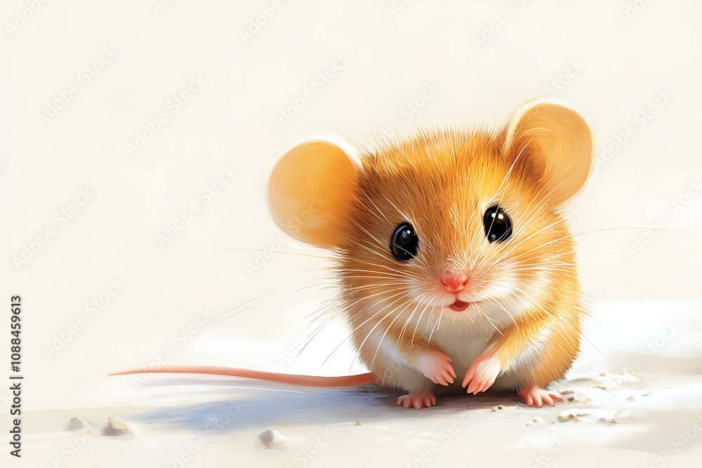 A cute, fluffy mouse with large ears and bright eyes, sitting on a light surface.