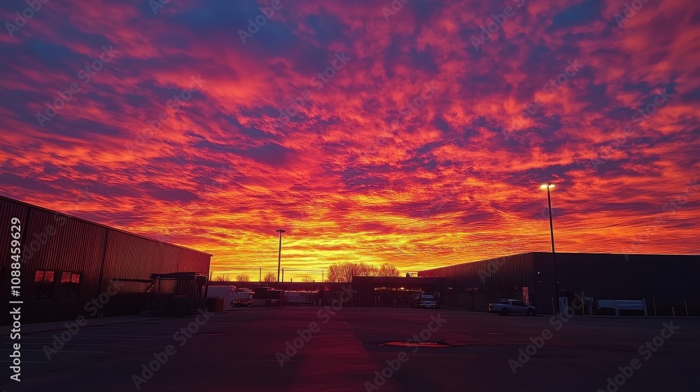 A vibrant sunset casts colorful hues over industrial buildings and a clear sky. A vibrant sunset casts colorful hues over industrial buildings and a clear sky.