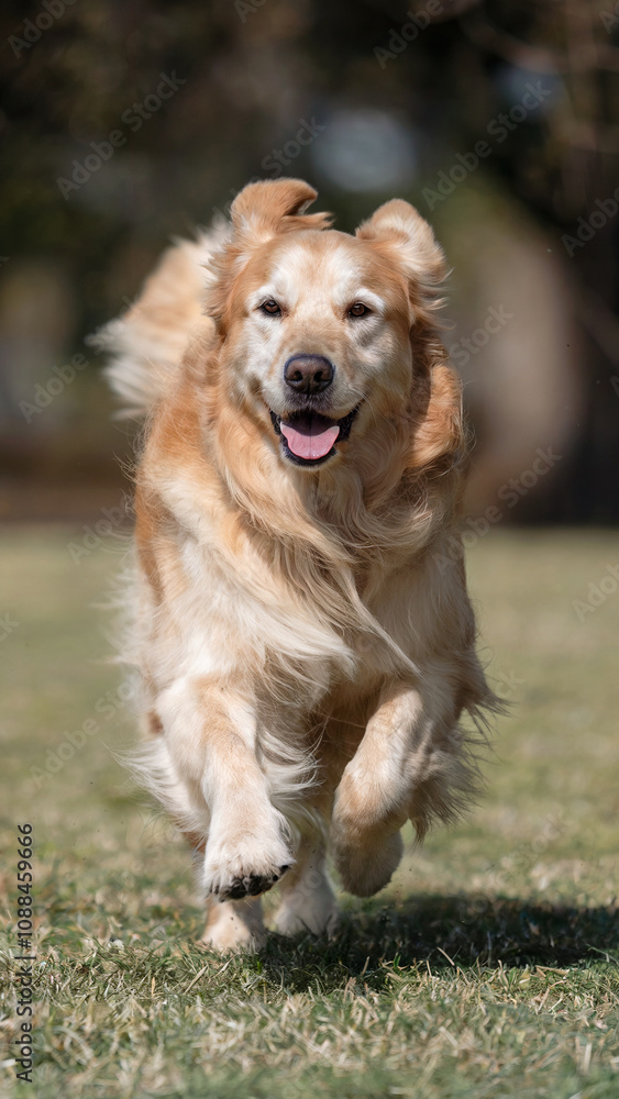 Golden retriever is running in a grassy field Golden retriever is running in a grassy field