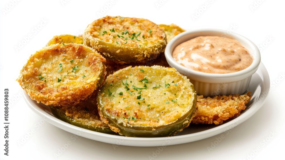 A plate of crispy fried green tomatoes with a golden cornmeal crust and a side of spicy remoulade sauce, Each slice’s tangy flavor and crunchy texture captured with precision A plate of crispy fried green tomatoes with a golden cornmeal crust and a side of spicy remoulade sauce, Each slice’s tangy flavor and crunchy texture captured with precision