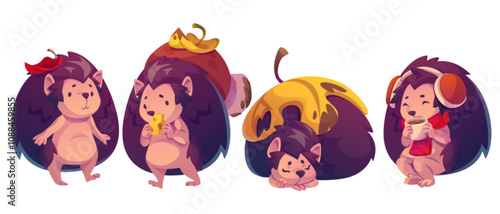 Cute hedgehog character on autumn. Cheerful spiky mascot holds mushroom on thorns and eats cheese, sleeps covered with yellow leaf, drinks hot tea or coffee in scarf, stands with fall foliage.