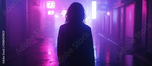 A silhouetted figure stands in a neon-lit, misty alley, creating a moody atmosphere.