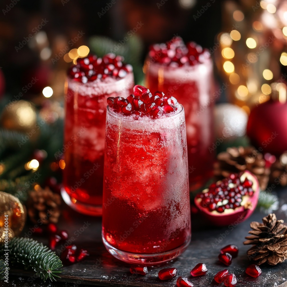 Three glasses filled with a vibrant pomegranate drink are thoughtfully arranged amidst festive holiday decorations, creating a scene of warmth and celebration. Three glasses filled with a vibrant pomegranate drink are thoughtfully arranged amidst festive holiday decorations, creating a scene of warmth and celebration.