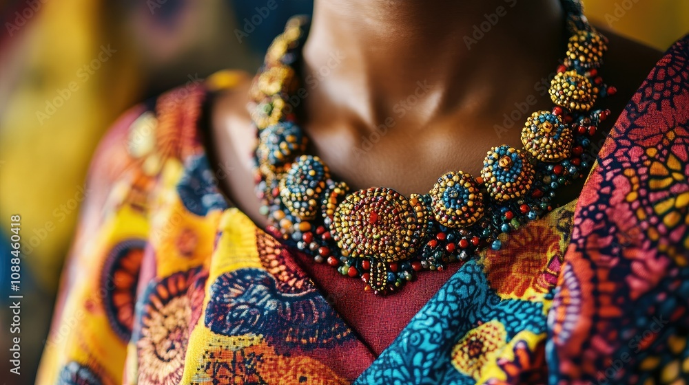 Vibrant African-Inspired Jewelry with Colorful Beads and Patterns in Traditional Clothing Captures the Essence of Cultural Heritage and Artisan Craftsmanship Vibrant African-Inspired Jewelry with Colorful Beads and Patterns in Traditional Clothing Captures the Essence of Cultural Heritage and Artisan Craftsmanship