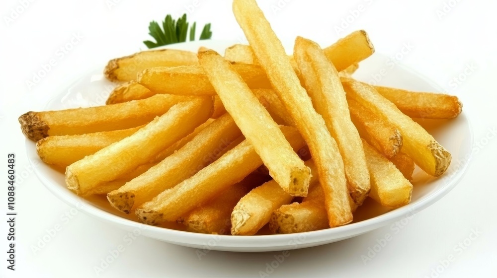 A plate of crispy, golden French fries, Their savory aroma tempting the taste buds A plate of crispy, golden French fries, Their savory aroma tempting the taste buds