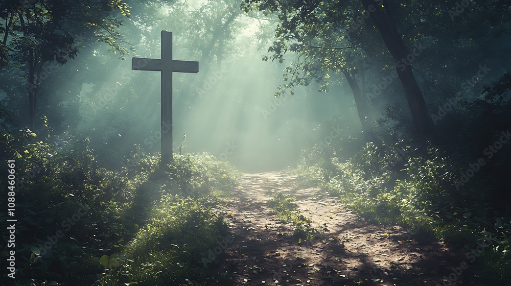 Christian cross overlaid with a foggy forest path, the mist creating a soft, dreamy blur, sunlight filtering through the leaves and casting dappled shadows, peaceful and contemplative mood, Christian cross overlaid with a foggy forest path, the mist creating a soft, dreamy blur, sunlight filtering through the leaves and casting dappled shadows, peaceful and contemplative mood,