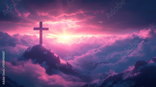 Christian cross overlaid with a foggy mountain valley at dawn, the cross standing tall above the cloud cover, rays of sunlight piercing through the fog, peaceful and spiritual vibe, photo