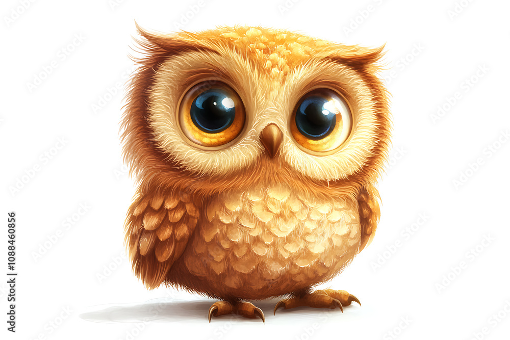 Fototapeta premium A cute, cartoon-style owl with large eyes and fluffy feathers, set against a white background.