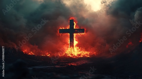 Christian cross overlaid with a volcanic explosion, the cross emerging through smoke and ash, molten lava casting a red glow, dark and dramatic scene, intense lighting and contrast, photo