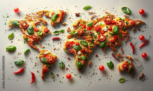 This creative digital illustration depicts a vibrant world map made entirely from various pizza toppings photo