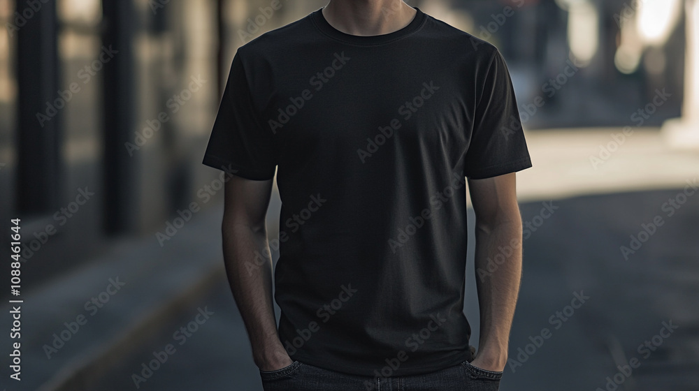A young man wearing a black t-shirt stands confidently in a city street during daytime A young man wearing a black t-shirt stands confidently in a city street during daytime