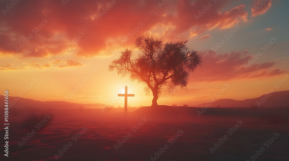 Fototapeta premium Cross blended with a desert landscape at sunset, the silhouette of a lone tree merging into the cross, warm tones of the sky reflecting on the sand, tranquil and ethereal scene,