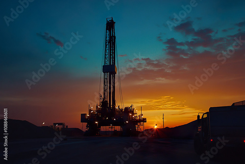 A drilling rig at dawn, with the first rays of sunlight just beginning to illuminate the oil field. The rig is silhouetted against the early morning sky