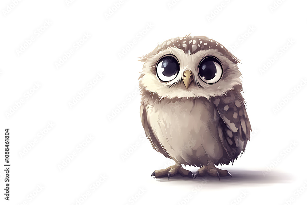 Naklejka premium A cute, cartoon-style owl with large eyes, standing against a plain background.