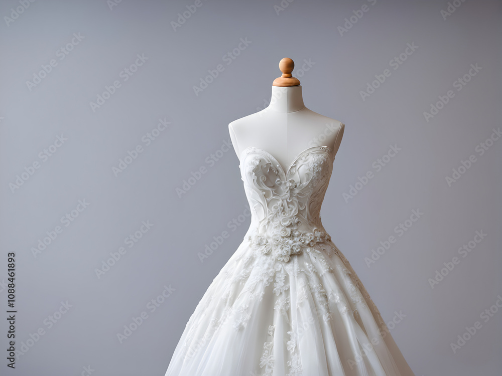 White wedding dress on a mannequin doll in studio.A wedding dress or bridal gown is the dress worn by the bride during a wedding ceremony White wedding dress on a mannequin doll in studio.A wedding dress or bridal gown is the dress worn by the bride during a wedding ceremony