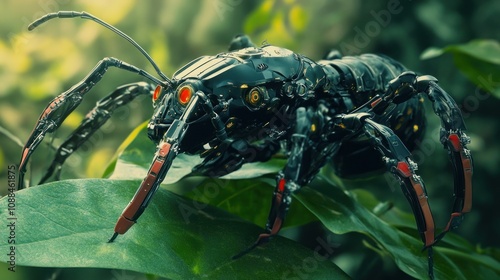 Cybernetic Ant in Lush Jungle: A Futuristic Insect photo