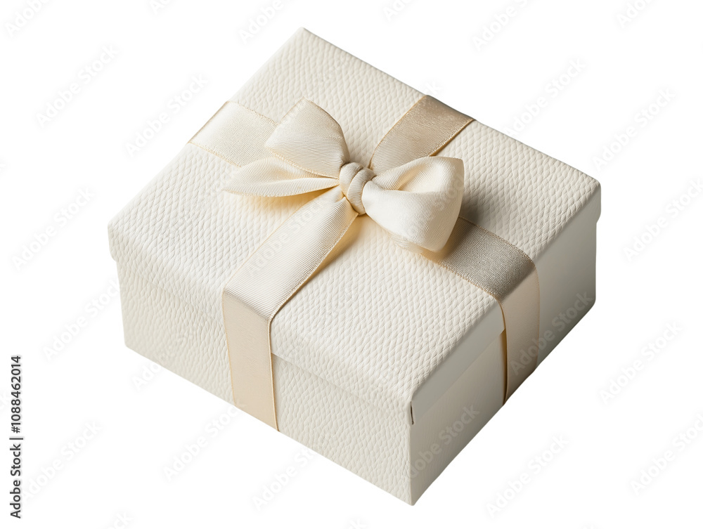 Obraz premium White leather gift box with ribbon bow isolated on a transparent background. Highly detailed. Cutout. PNG.