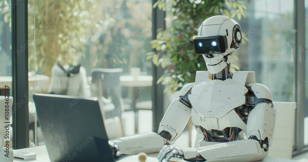 AI humanoid robot sitting at an office desk, typing on a laptop keyboard, symbolizing evolution, technology, and AI training. AI humanoid robot sitting at an office desk, typing on a laptop keyboard, symbolizing evolution, technology, and AI training.