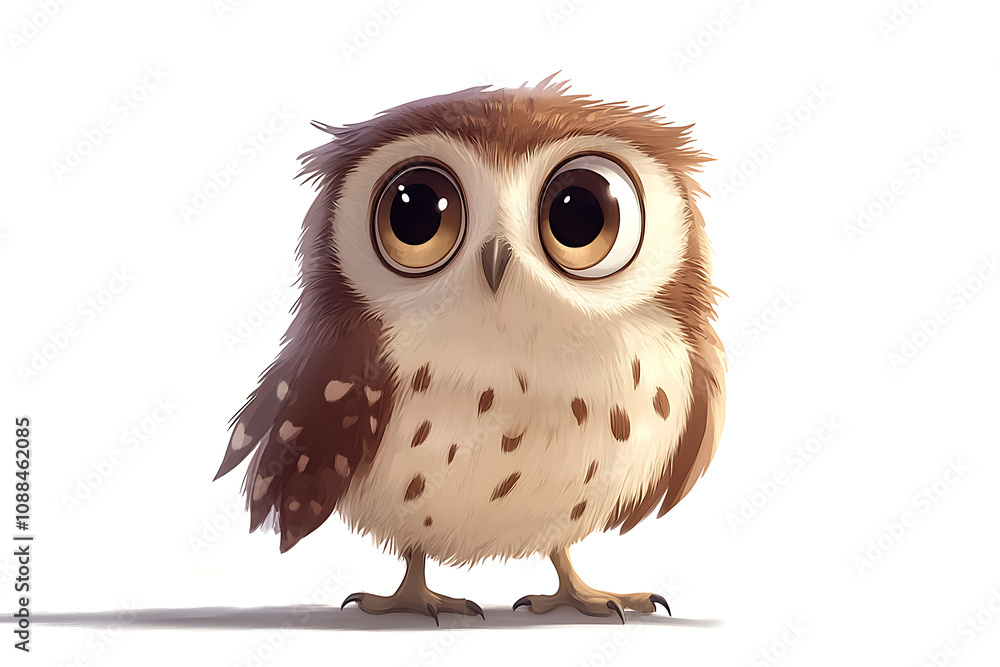 Obraz premium A cute, cartoon-style owl with large eyes and fluffy feathers, designed for a playful aesthetic.