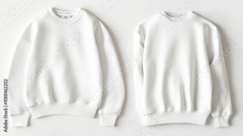 Two plain white sweatshirts displayed side by side showcasing different styles and fits photo