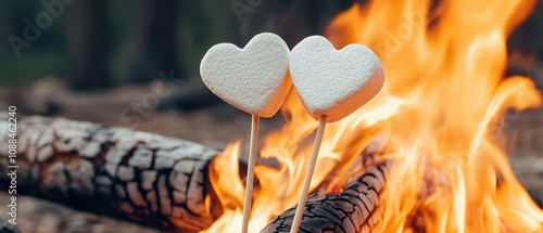 Romantic Heart Shaped Marshmallows Roasting on Campfire