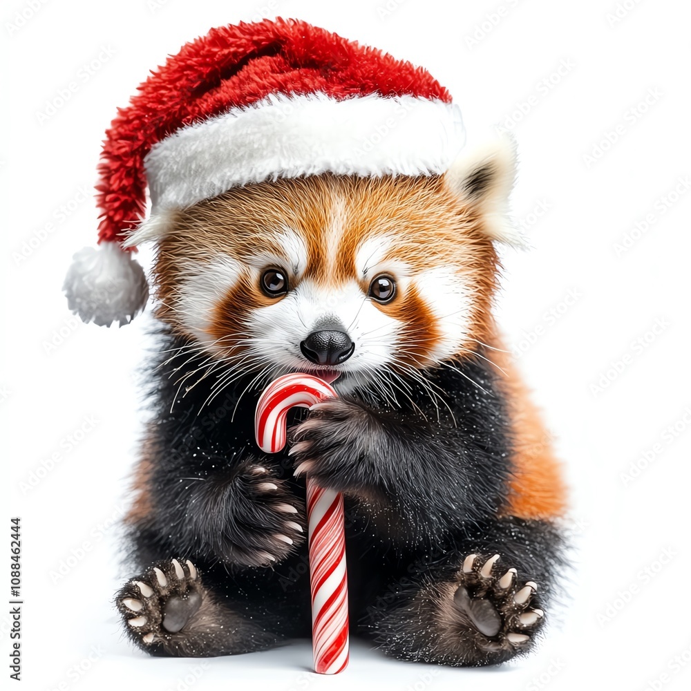 Cute red panda wearing a Santa hat with a candy cane. Cute red panda wearing a Santa hat with a candy cane.