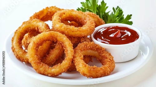 A plate of crispy onion rings with a golden, crunchy coating and a side of tangy barbecue sauce, Each ring’s crispy texture and savory flavor captured with precision