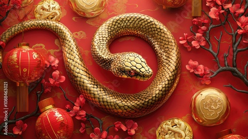 Wallpaper Mural Golden Snake Surrounded by Red Decorative Elements and Floral Accents for Celebratory Themes Like Chinese New Year or Annual Festivals of Abundance and Prosperity Torontodigital.ca