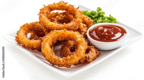 A plate of crispy onion rings with a golden, crunchy coating and a side of tangy barbecue sauce, Each ring’s crispy texture and savory flavor captured with precision