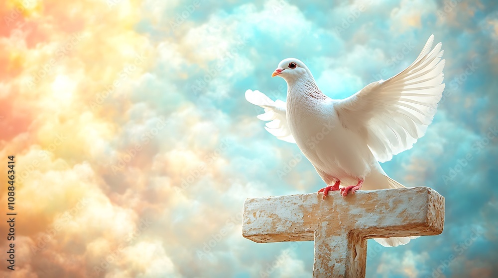 Obraz premium Cross overlaid with the image of a dove gliding gracefully, the wings forming a soft halo around the silhouette of the cross, soft pastel sky in the background, peaceful and harmonious vibe,
