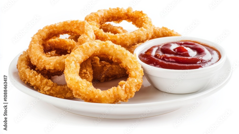 A plate of crispy onion rings with a golden, crunchy coating and a side of tangy barbecue sauce, Each ring’s crispy texture and sweet onion flavor captured with precision A plate of crispy onion rings with a golden, crunchy coating and a side of tangy barbecue sauce, Each ring’s crispy texture and sweet onion flavor captured with precision