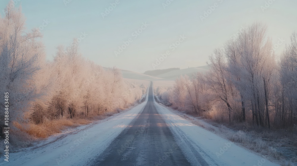 Snowy Road Through Winter Forest