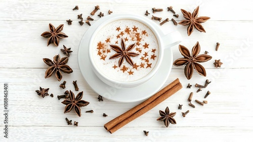 Deliciously Spiced Coffee with Anise and Cinnamon, Decorated with Star Anise and Cloves on a White Wooden Background