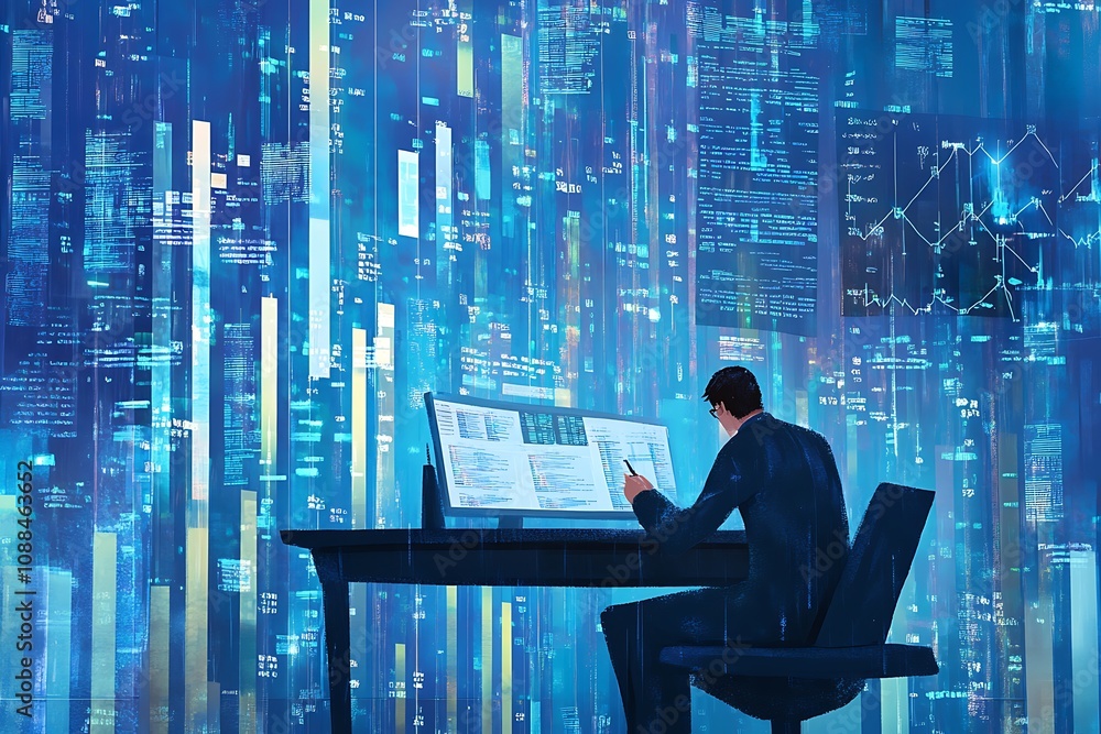 Businessman Working Amidst Data Streams And Graphs Businessman Working Amidst Data Streams And Graphs