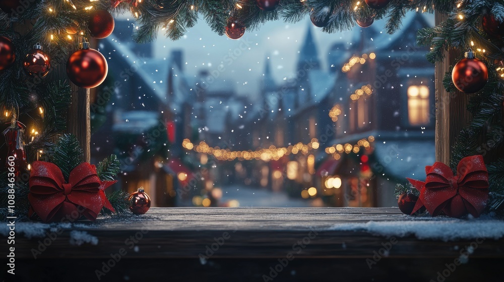 Cozy Winter Scene Framed by Pine Branches and Festive Decorations with Snow, Ornaments, and Lights Creating a Magical Holiday Atmosphere Cozy Winter Scene Framed by Pine Branches and Festive Decorations with Snow, Ornaments, and Lights Creating a Magical Holiday Atmosphere