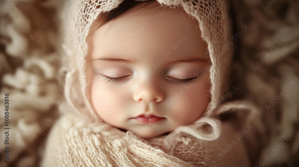 Close-up of a sleeping baby wrapped in soft fabric symbolizing purity, warmth, and the innocence of infancy Close-up of a sleeping baby wrapped in soft fabric symbolizing purity, warmth, and the innocence of infancy