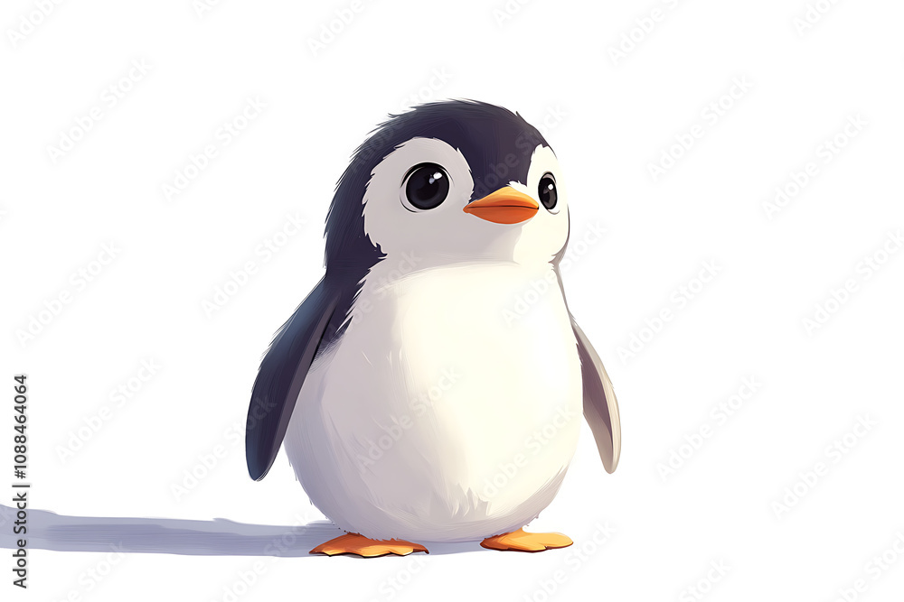 Fototapeta premium A cute, cartoon-style penguin with big eyes and a small orange beak, standing against a white background.
