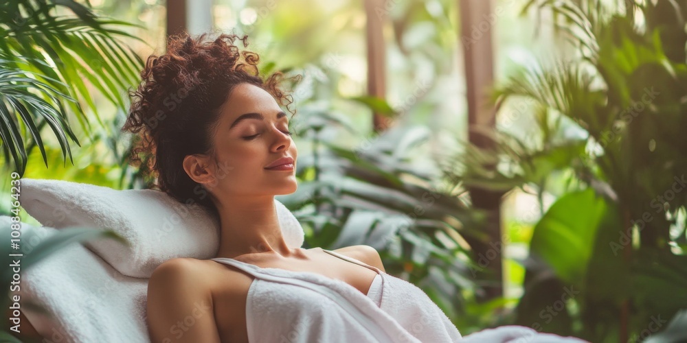 A serene woman relaxes in a lush green space. She enjoys the soothing atmosphere surrounded by plants. This image embodies tranquility and natural beauty. Perfect for wellness themes. AI
